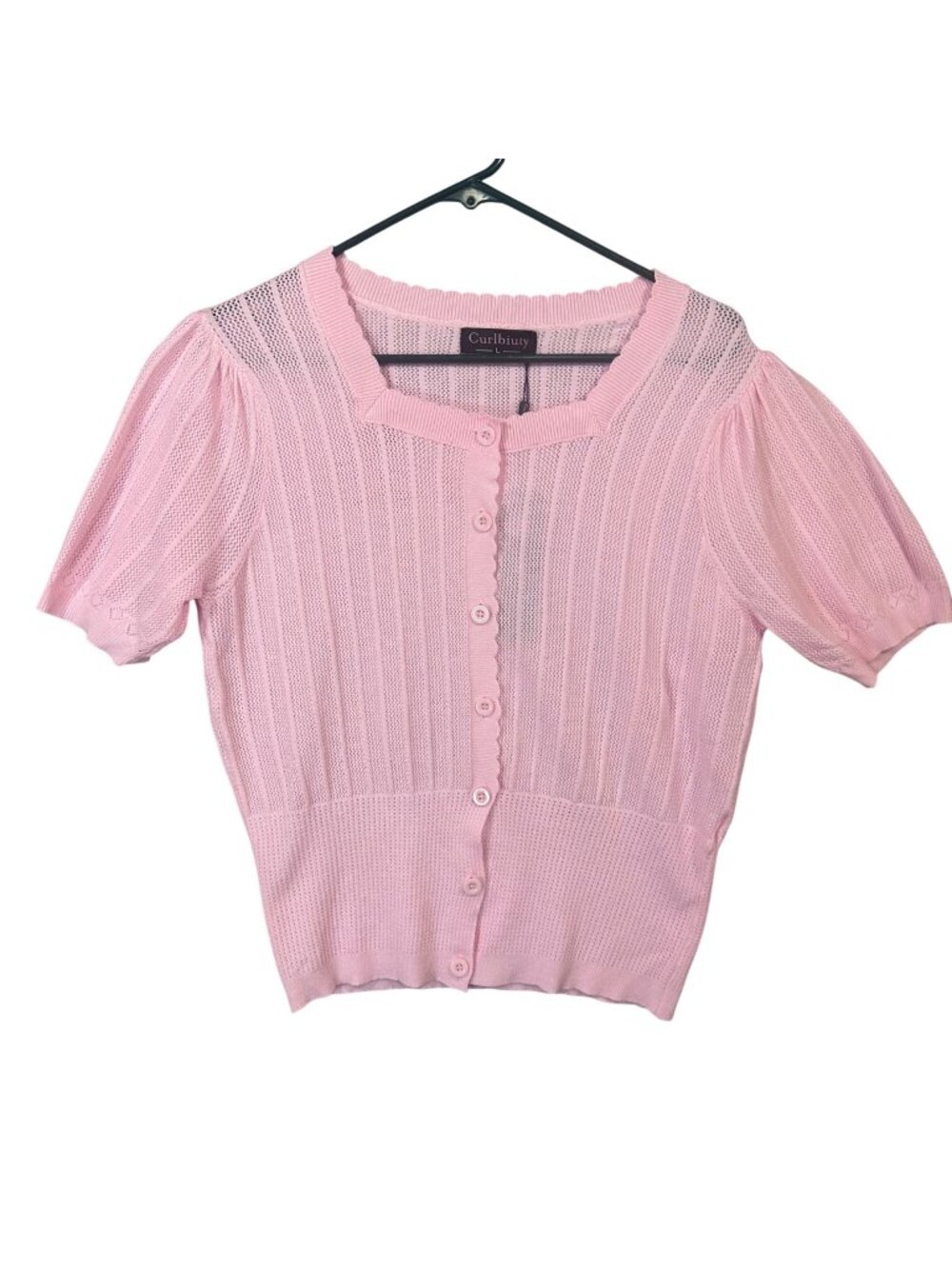 Curlbiuty Womens L Pink Short-Sleeve Button Front Knit Cardigan Top NWT